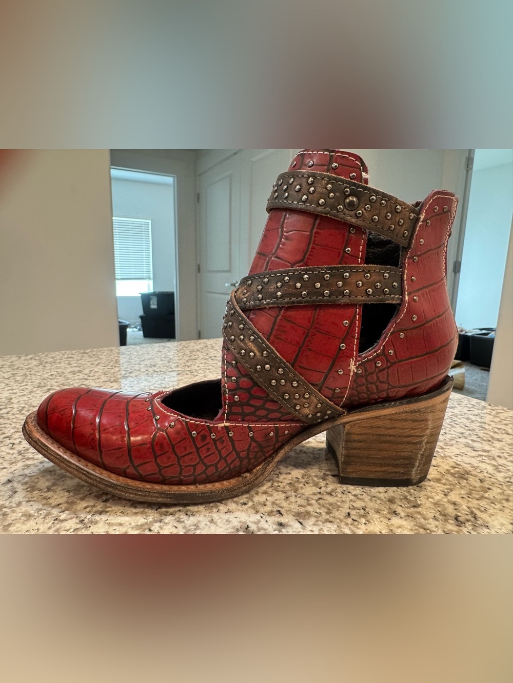 Freebird Saphire Red Croc-Embossed Ankle Booties with Studded Straps - Picture 4 of 6